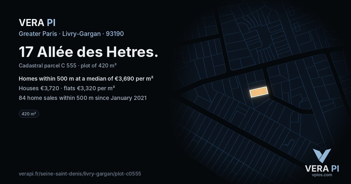 17 Allée des Hetres, Livry-Gargan at night – the plot lit, the parcels around coloured by the prices near them