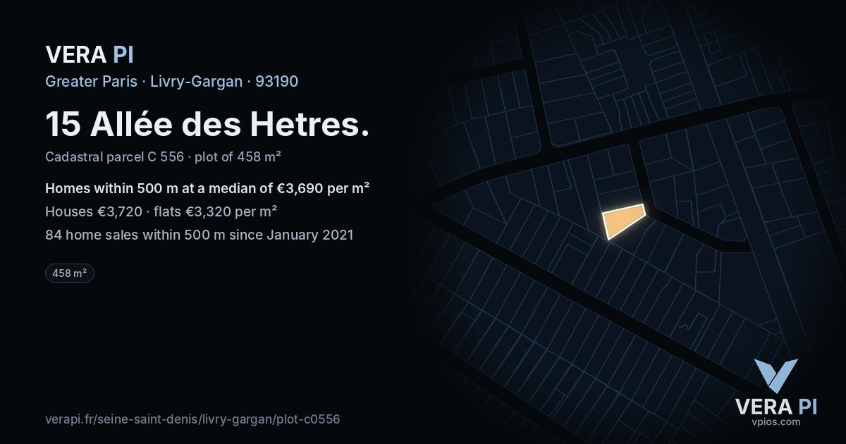 15 Allée des Hetres, Livry-Gargan at night – the plot lit, the parcels around coloured by the prices near them