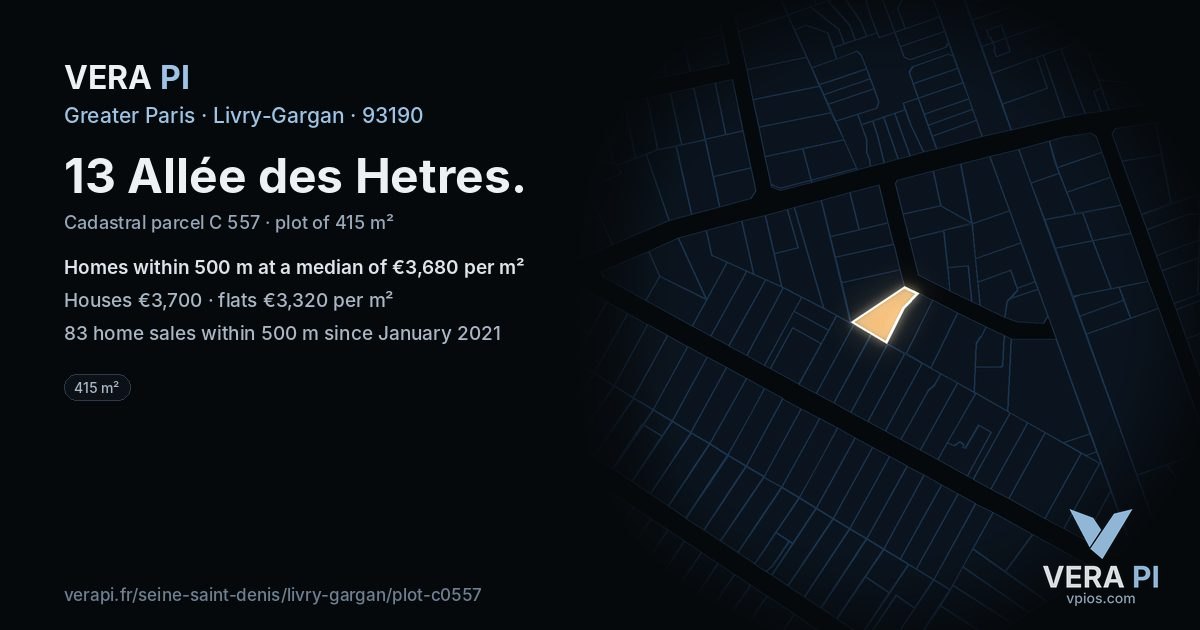 13 Allée des Hetres, Livry-Gargan at night – the plot lit, the parcels around coloured by the prices near them