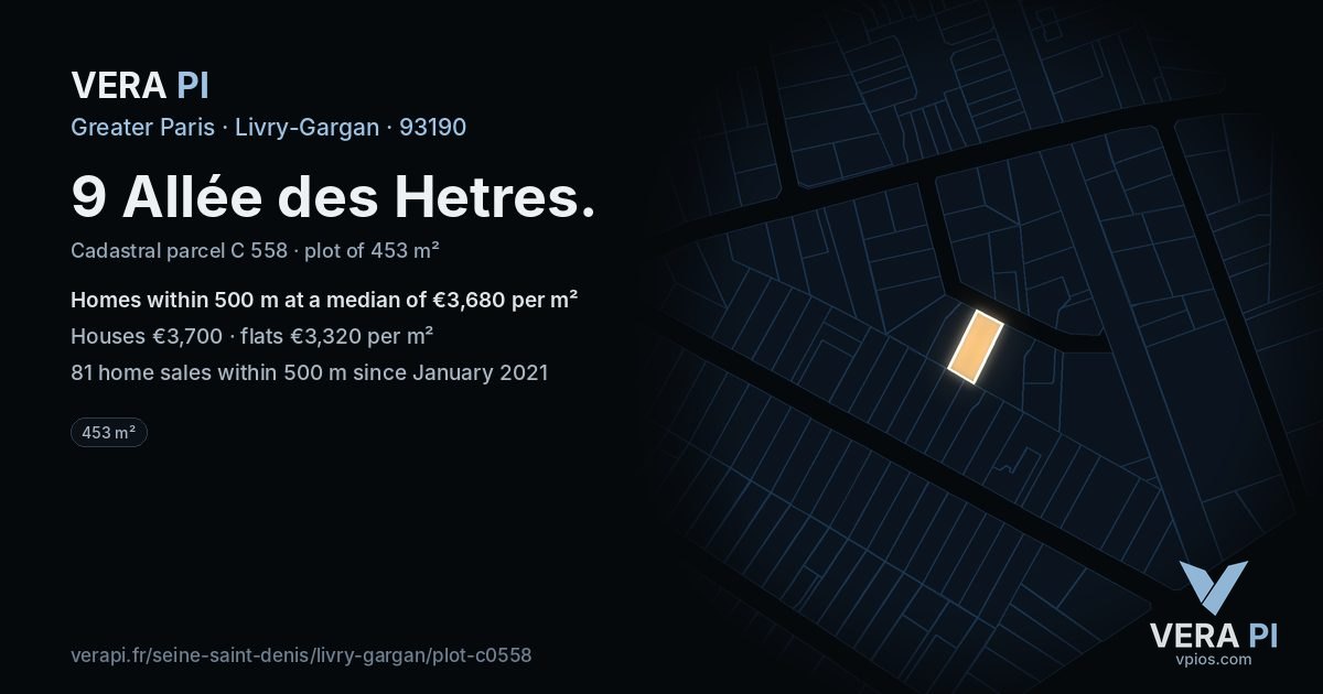 9 Allée des Hetres, Livry-Gargan at night – the plot lit, the parcels around coloured by the prices near them