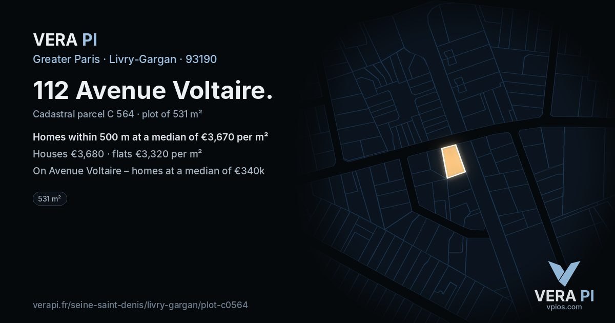 112 Avenue Voltaire, Livry-Gargan at night – the plot lit, the parcels around coloured by the prices near them