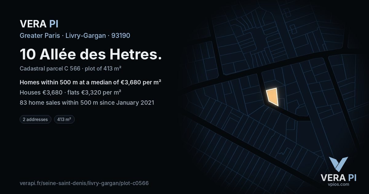 10 Allée des Hetres, Livry-Gargan at night – the plot lit, the parcels around coloured by the prices near them