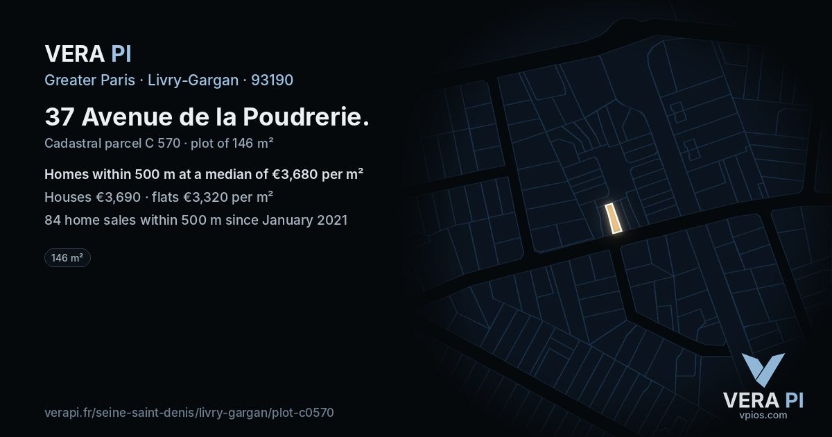 37 Avenue de la Poudrerie, Livry-Gargan at night – the plot lit, the parcels around coloured by the prices near them