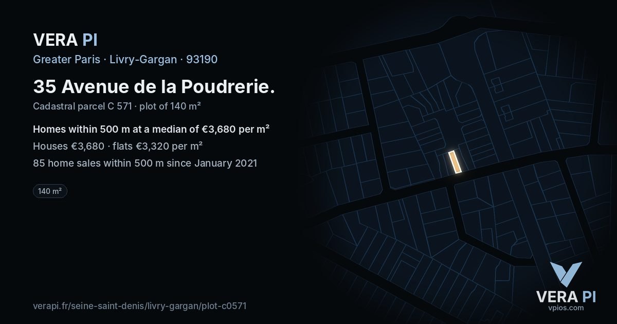 35 Avenue de la Poudrerie, Livry-Gargan at night – the plot lit, the parcels around coloured by the prices near them