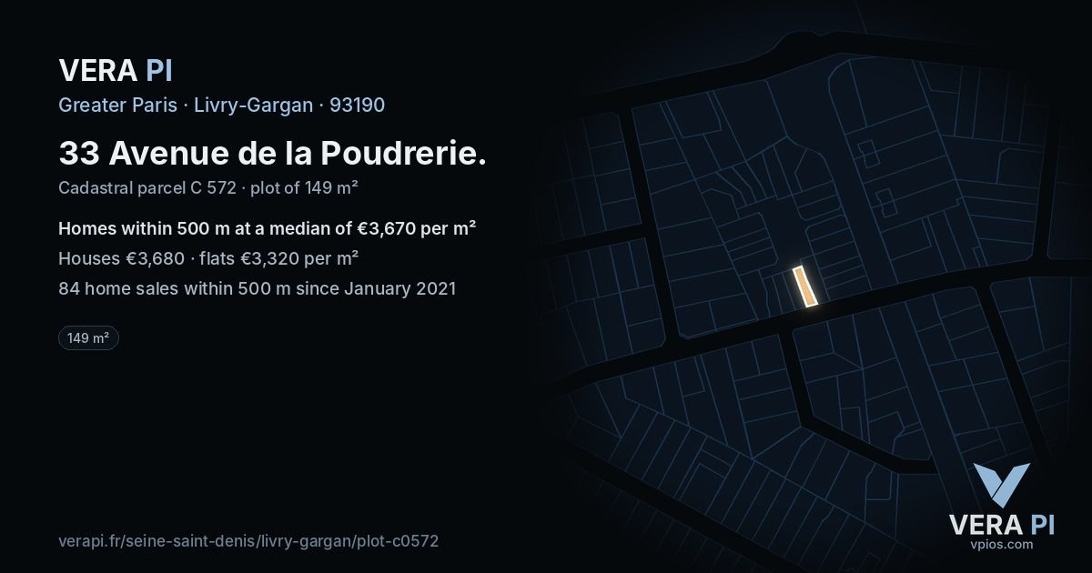 33 Avenue de la Poudrerie, Livry-Gargan at night – the plot lit, the parcels around coloured by the prices near them