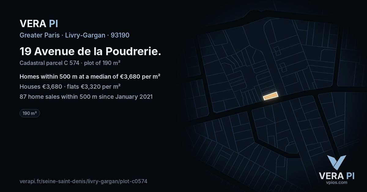 19 Avenue de la Poudrerie, Livry-Gargan at night – the plot lit, the parcels around coloured by the prices near them