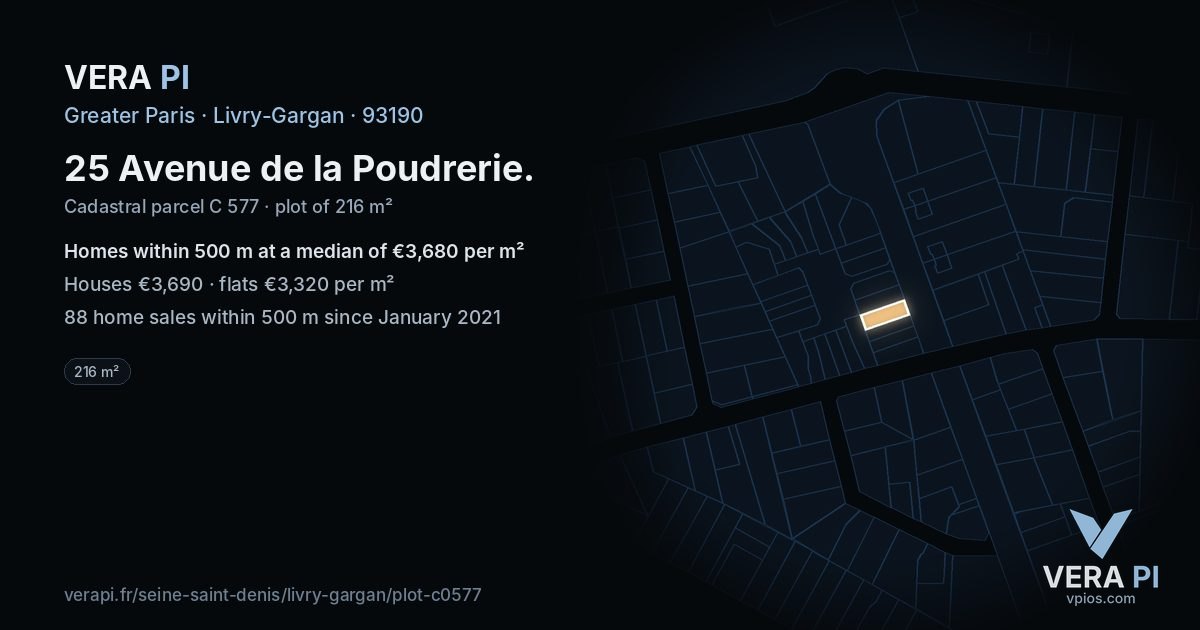 25 Avenue de la Poudrerie, Livry-Gargan at night – the plot lit, the parcels around coloured by the prices near them