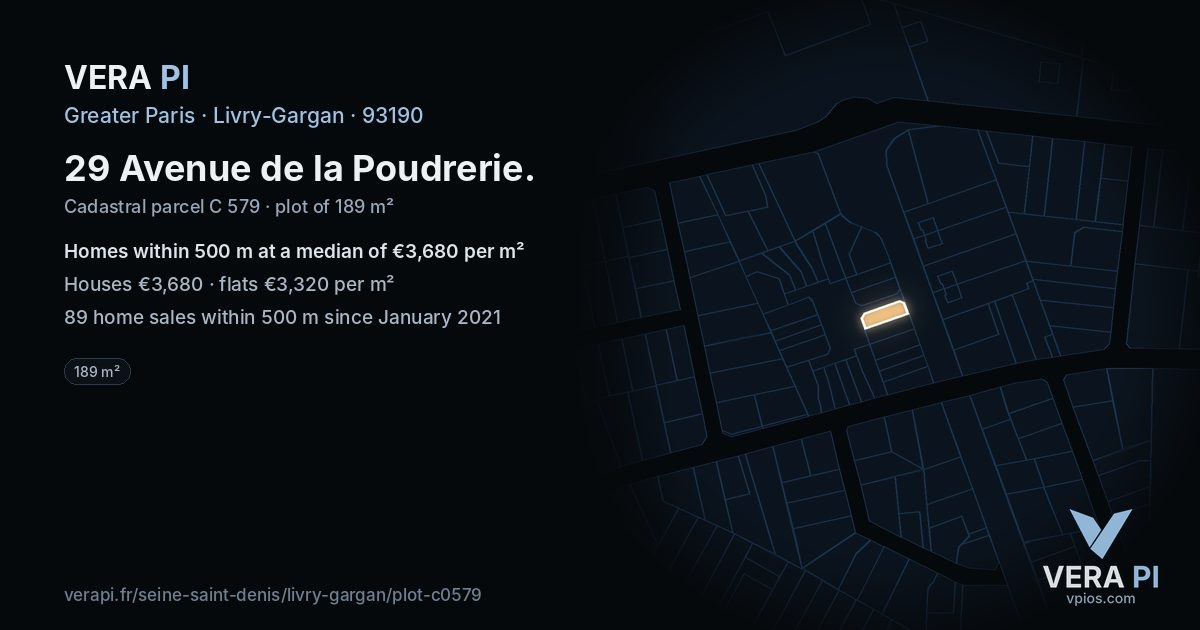 29 Avenue de la Poudrerie, Livry-Gargan at night – the plot lit, the parcels around coloured by the prices near them