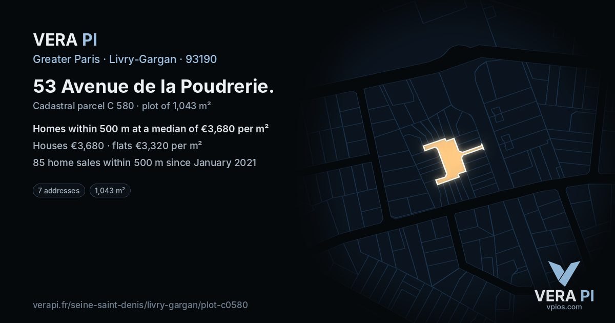 53 Avenue de la Poudrerie, Livry-Gargan at night – the plot lit, the parcels around coloured by the prices near them