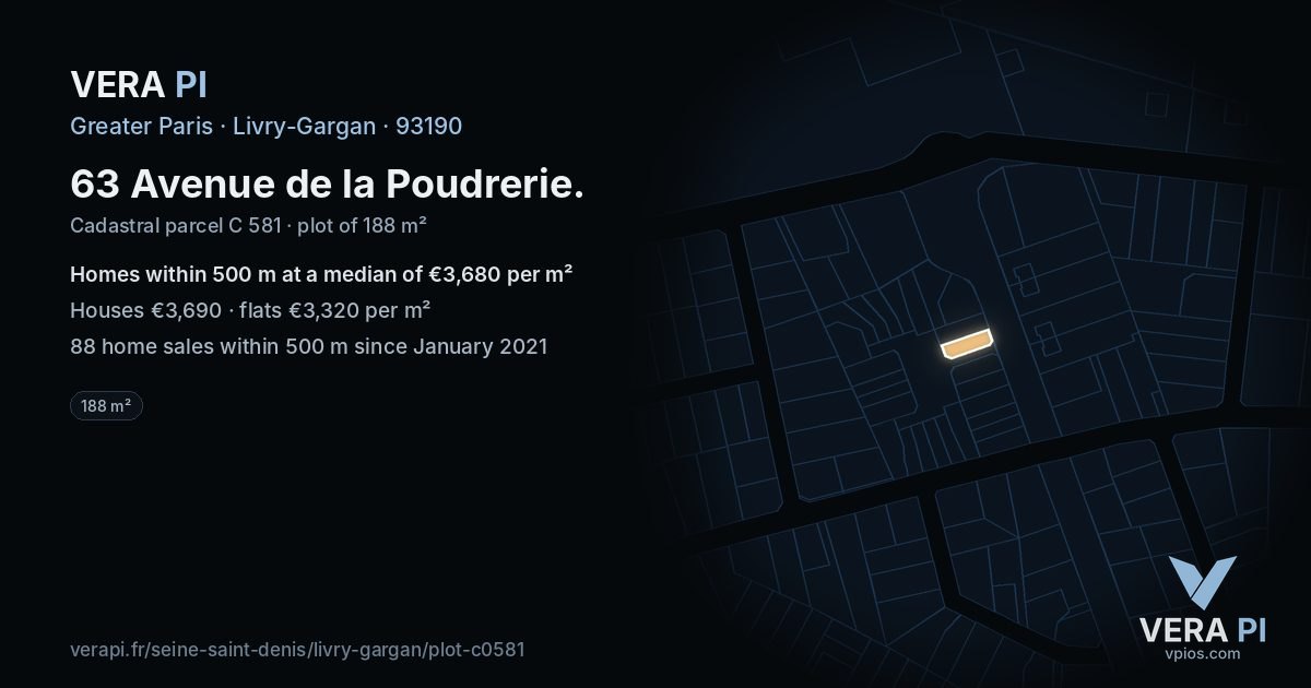 63 Avenue de la Poudrerie, Livry-Gargan at night – the plot lit, the parcels around coloured by the prices near them