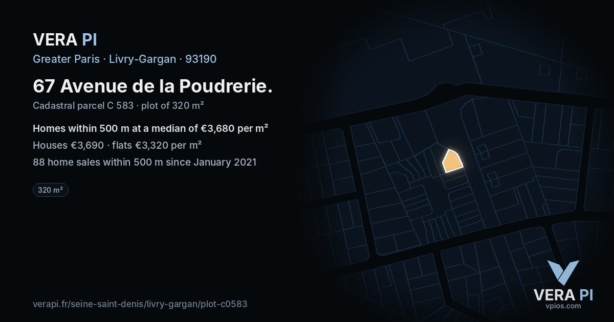 67 Avenue de la Poudrerie, Livry-Gargan at night – the plot lit, the parcels around coloured by the prices near them
