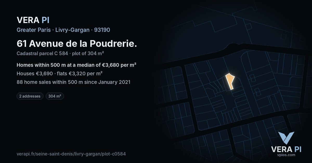 61 Avenue de la Poudrerie, Livry-Gargan at night – the plot lit, the parcels around coloured by the prices near them