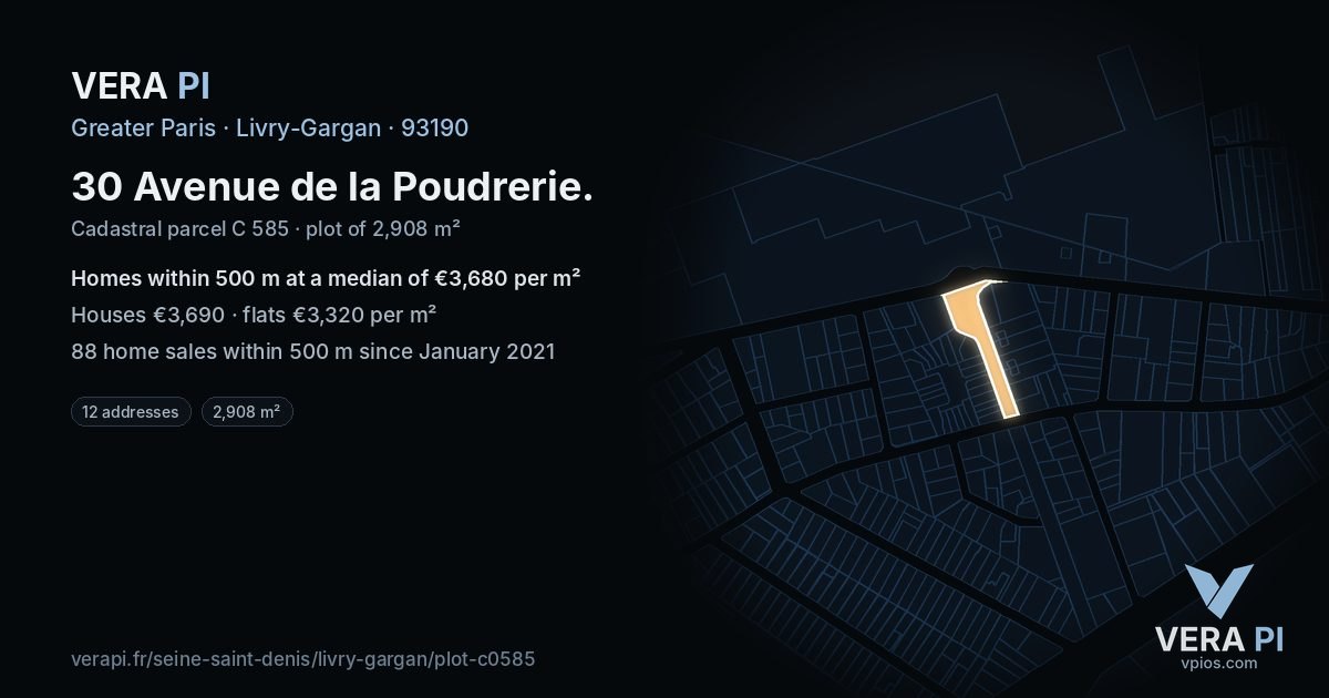30 Avenue de la Poudrerie, Livry-Gargan at night – the plot lit, the parcels around coloured by the prices near them