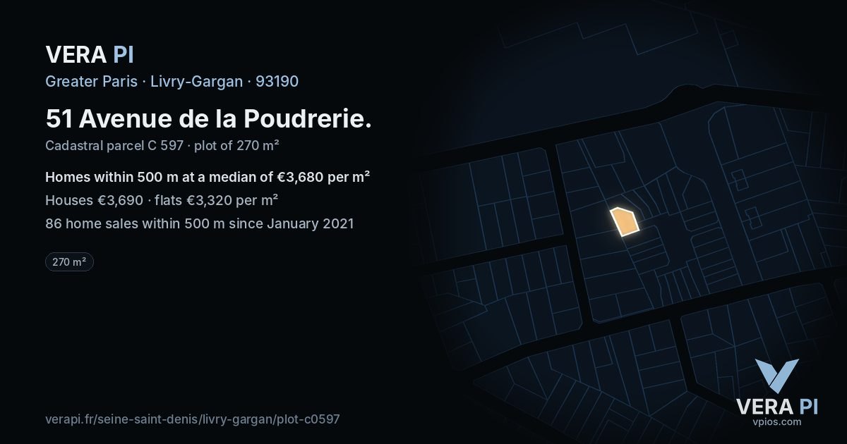51 Avenue de la Poudrerie, Livry-Gargan at night – the plot lit, the parcels around coloured by the prices near them