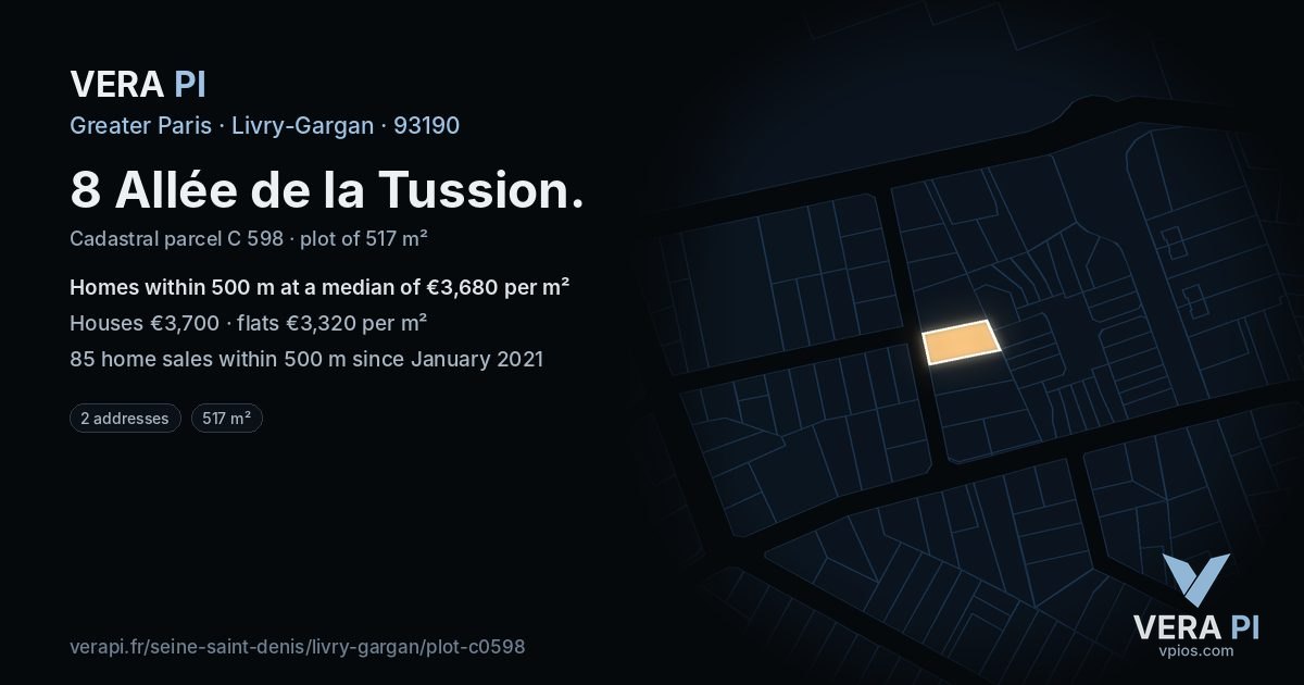 8 Allée de la Tussion, Livry-Gargan at night – the plot lit, the parcels around coloured by the prices near them