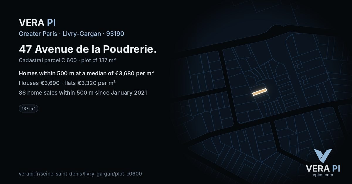 47 Avenue de la Poudrerie, Livry-Gargan at night – the plot lit, the parcels around coloured by the prices near them