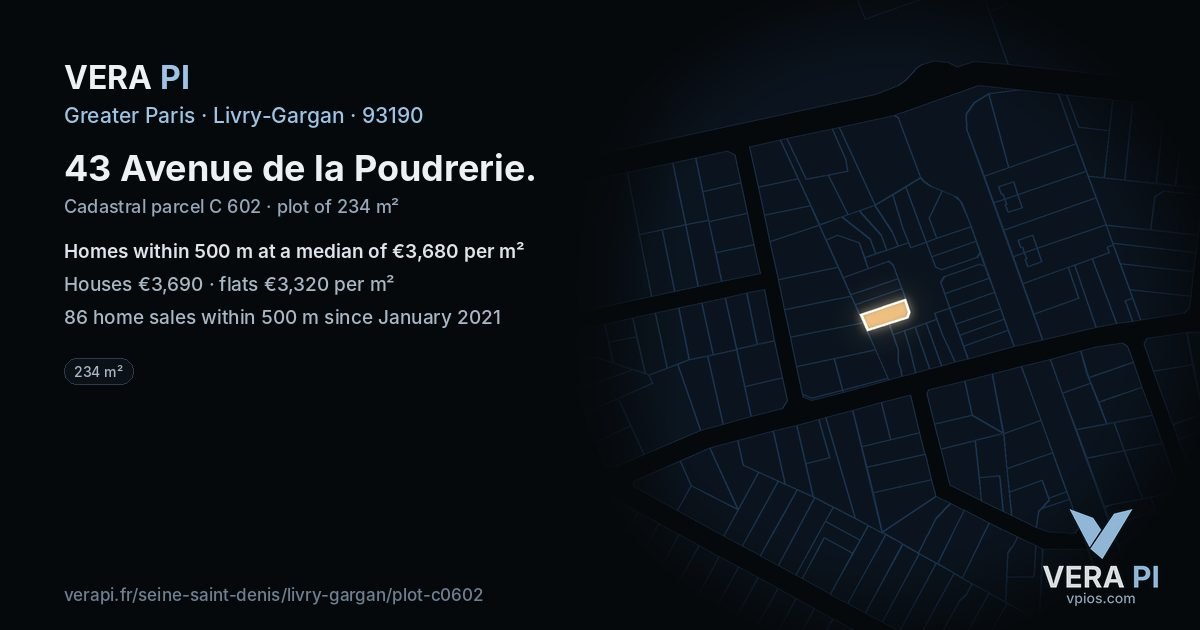 43 Avenue de la Poudrerie, Livry-Gargan at night – the plot lit, the parcels around coloured by the prices near them