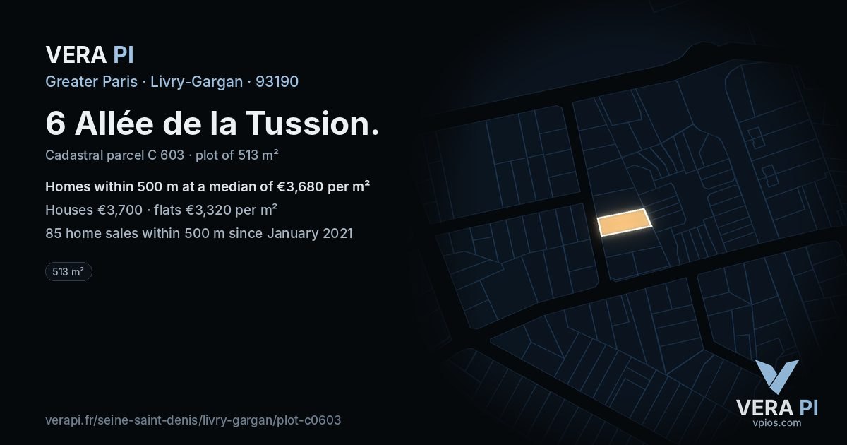 6 Allée de la Tussion, Livry-Gargan at night – the plot lit, the parcels around coloured by the prices near them