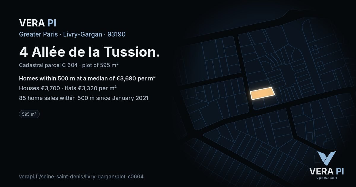 4 Allée de la Tussion, Livry-Gargan at night – the plot lit, the parcels around coloured by the prices near them