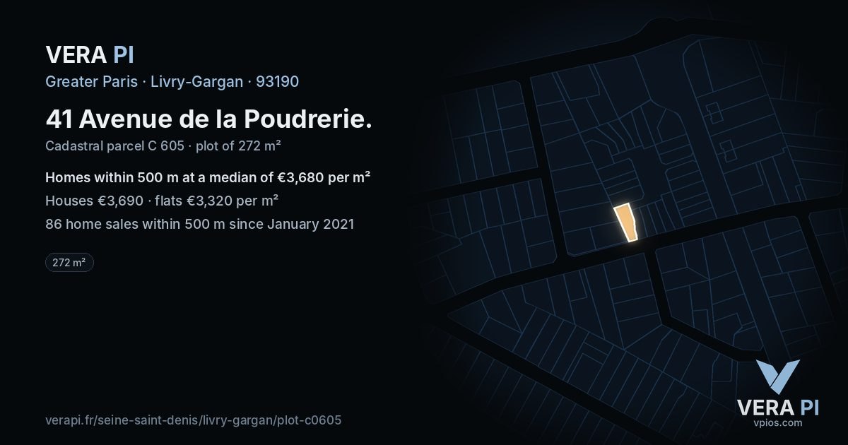 41 Avenue de la Poudrerie, Livry-Gargan at night – the plot lit, the parcels around coloured by the prices near them