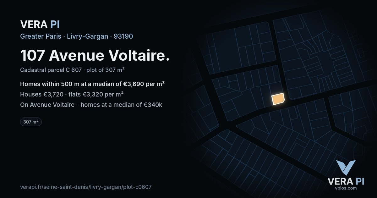 107 Avenue Voltaire, Livry-Gargan at night – the plot lit, the parcels around coloured by the prices near them