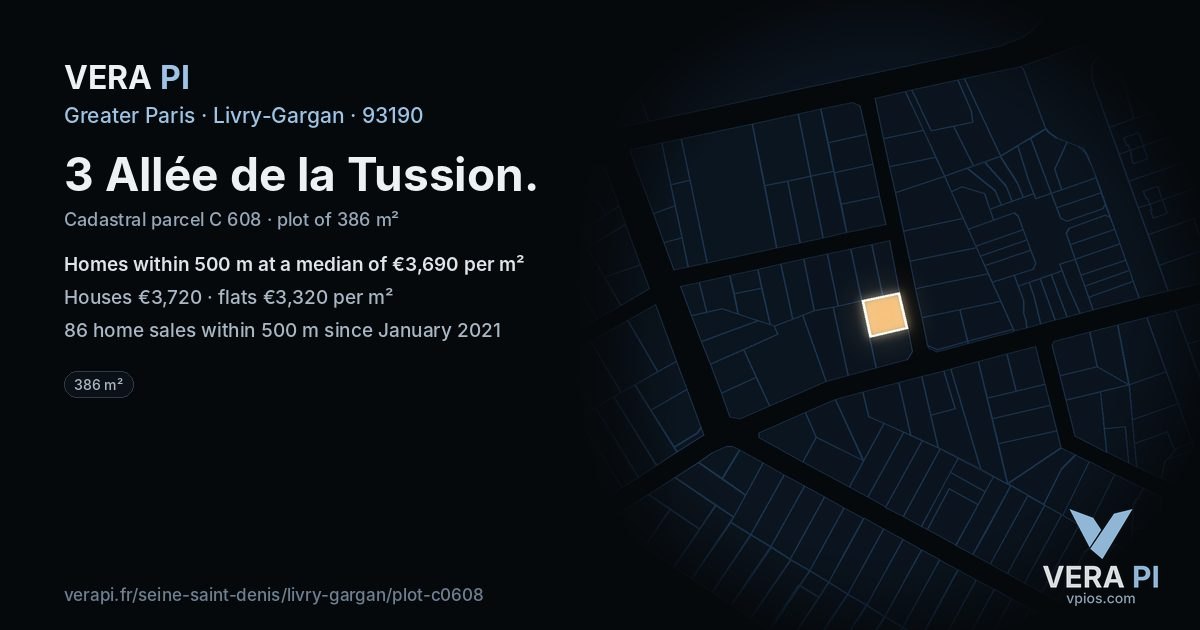 3 Allée de la Tussion, Livry-Gargan at night – the plot lit, the parcels around coloured by the prices near them