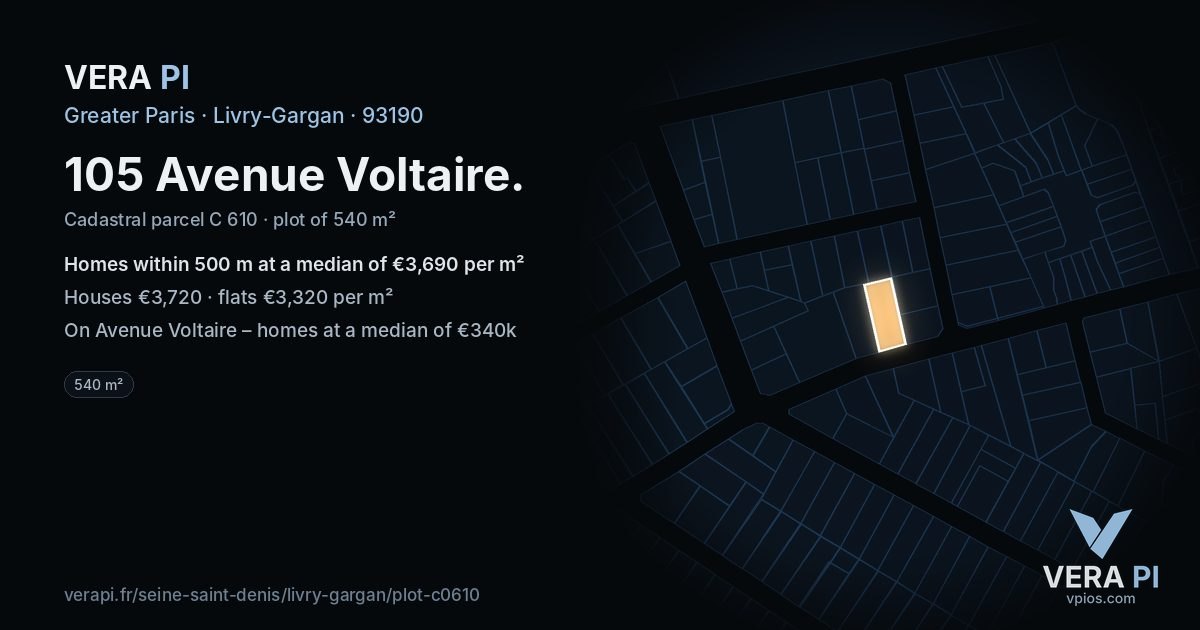 105 Avenue Voltaire, Livry-Gargan at night – the plot lit, the parcels around coloured by the prices near them