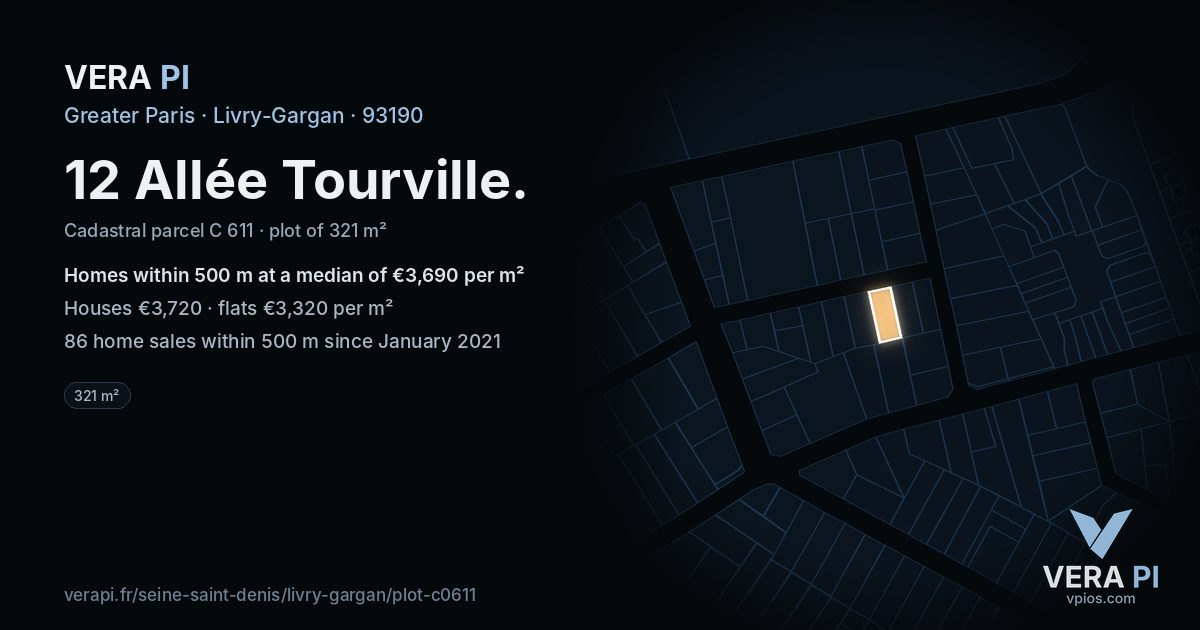 12 Allée Tourville, Livry-Gargan at night – the plot lit, the parcels around coloured by the prices near them