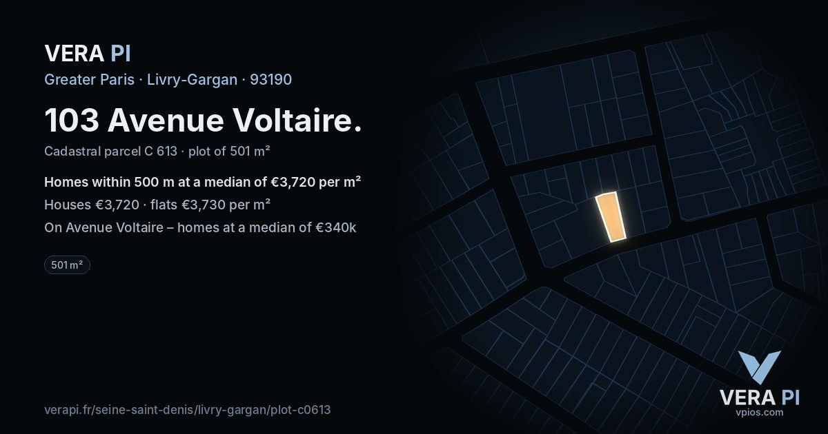 103 Avenue Voltaire, Livry-Gargan at night – the plot lit, the parcels around coloured by the prices near them