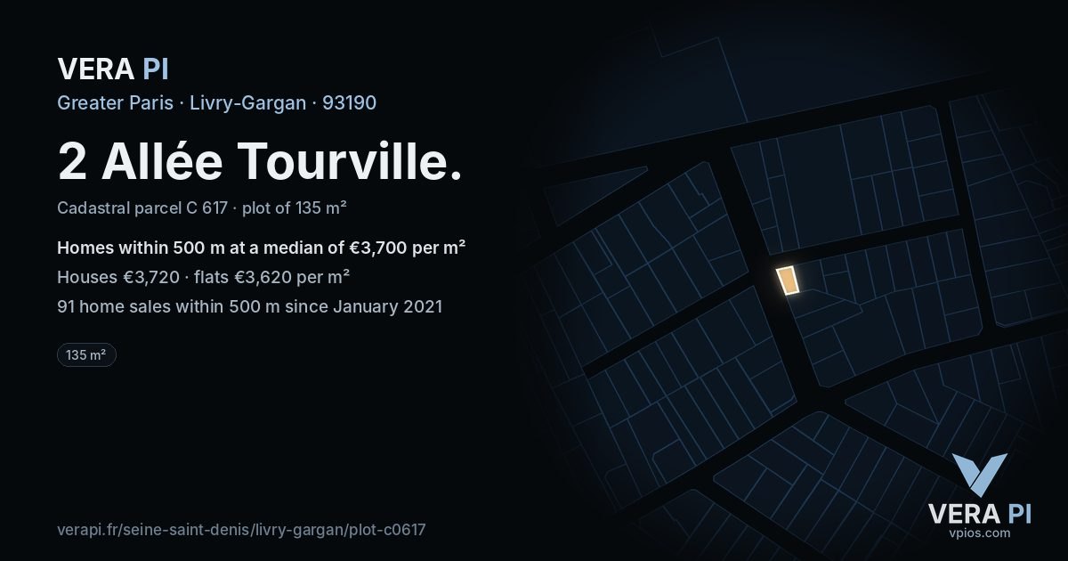 2 Allée Tourville, Livry-Gargan at night – the plot lit, the parcels around coloured by the prices near them