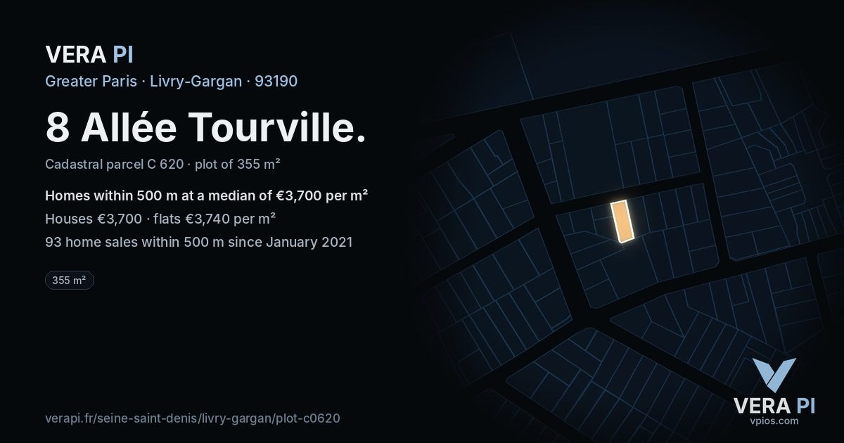 8 Allée Tourville, Livry-Gargan at night – the plot lit, the parcels around coloured by the prices near them