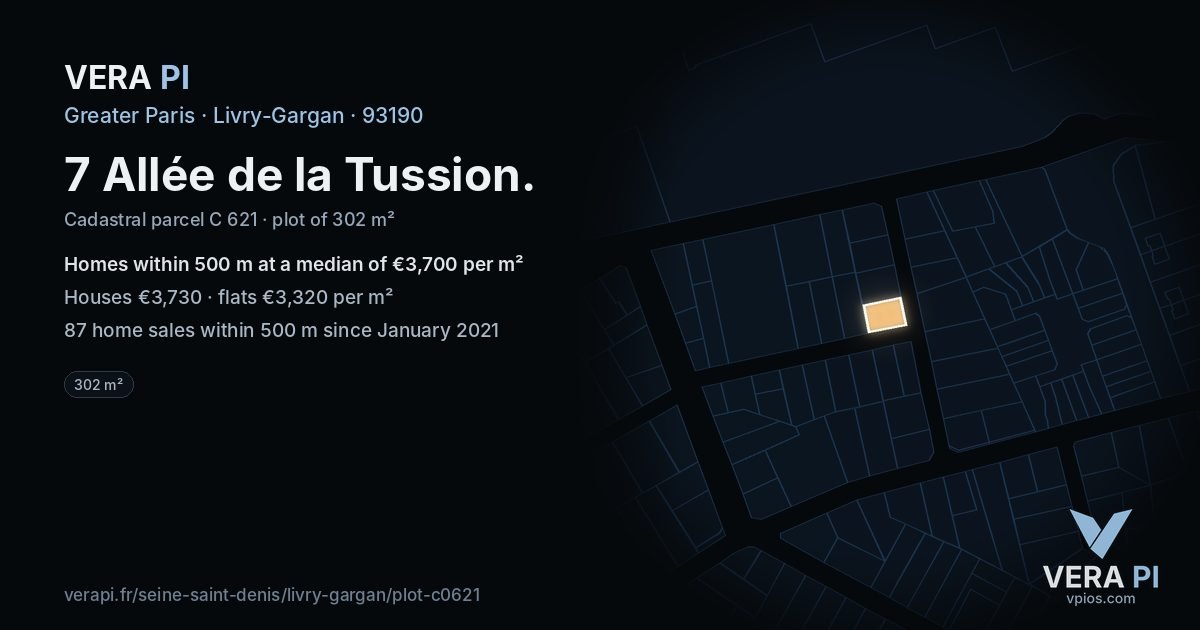 7 Allée de la Tussion, Livry-Gargan at night – the plot lit, the parcels around coloured by the prices near them