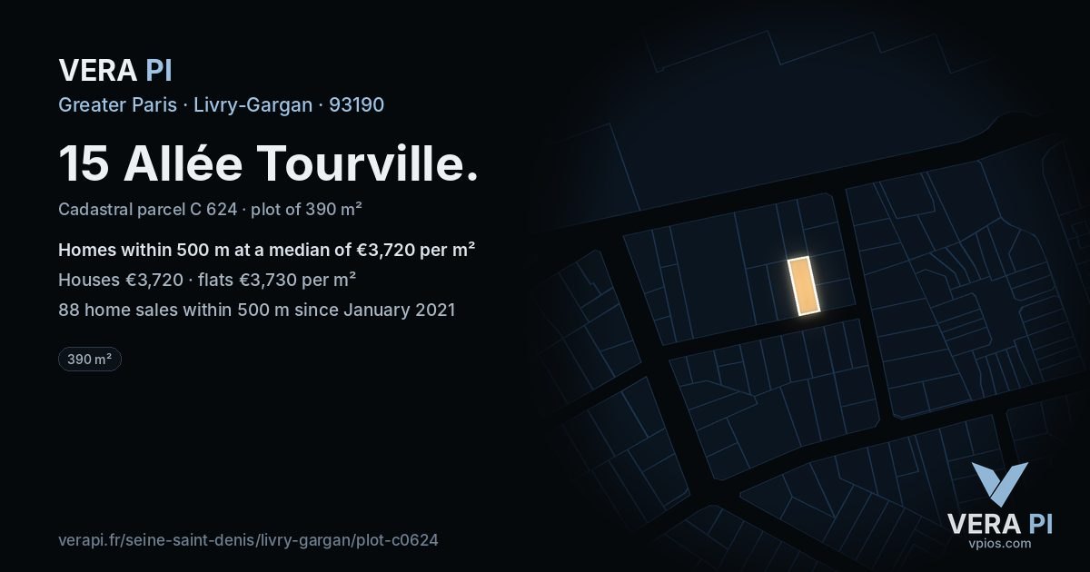 15 Allée Tourville, Livry-Gargan at night – the plot lit, the parcels around coloured by the prices near them