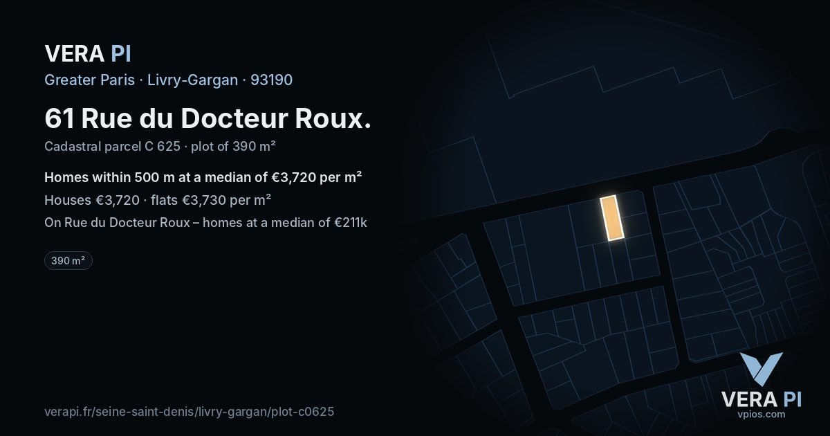 61 Rue du Docteur Roux, Livry-Gargan at night – the plot lit, the parcels around coloured by the prices near them