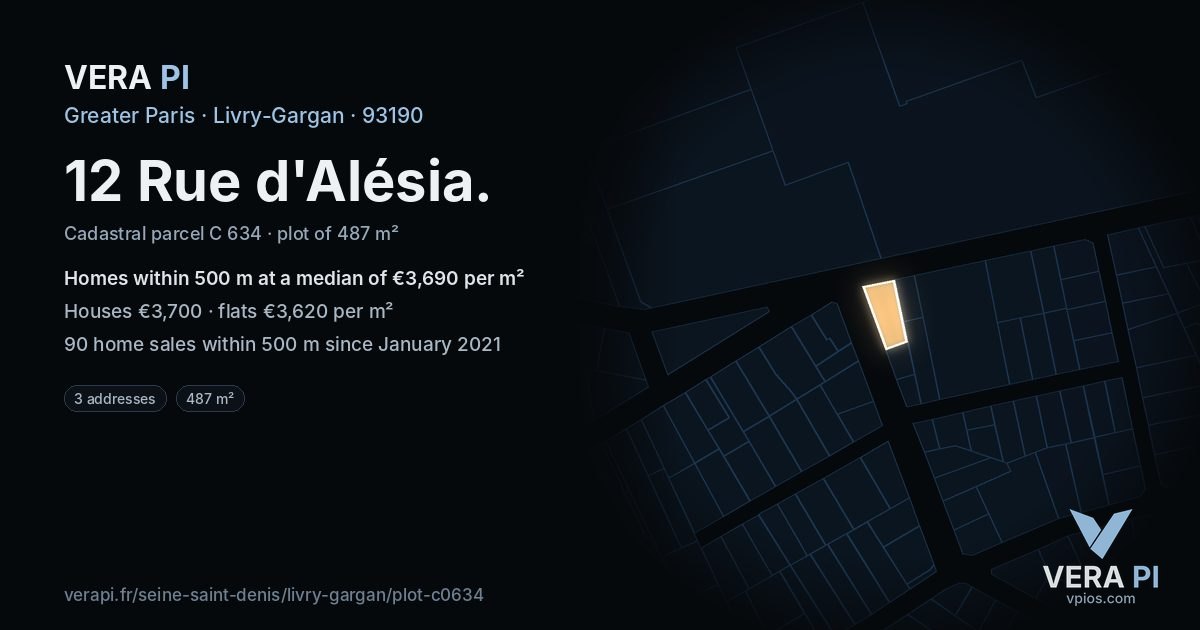 12 Rue d'Alésia, Livry-Gargan at night – the plot lit, the parcels around coloured by the prices near them