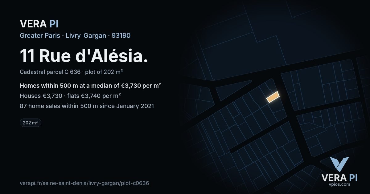 11 Rue d'Alésia, Livry-Gargan at night – the plot lit, the parcels around coloured by the prices near them