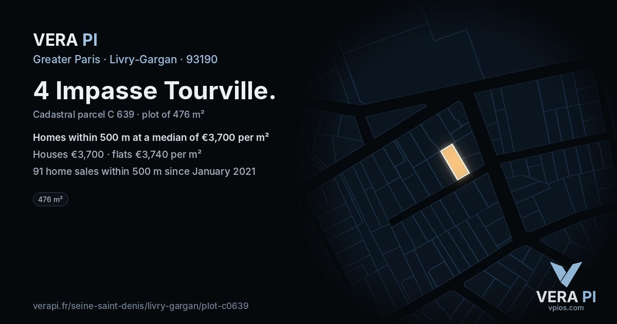 4 Impasse Tourville, Livry-Gargan at night – the plot lit, the parcels around coloured by the prices near them