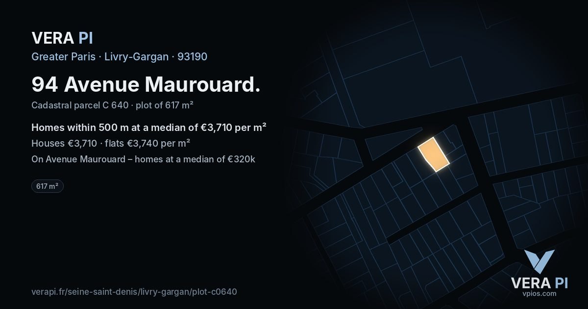 94 Avenue Maurouard, Livry-Gargan at night – the plot lit, the parcels around coloured by the prices near them
