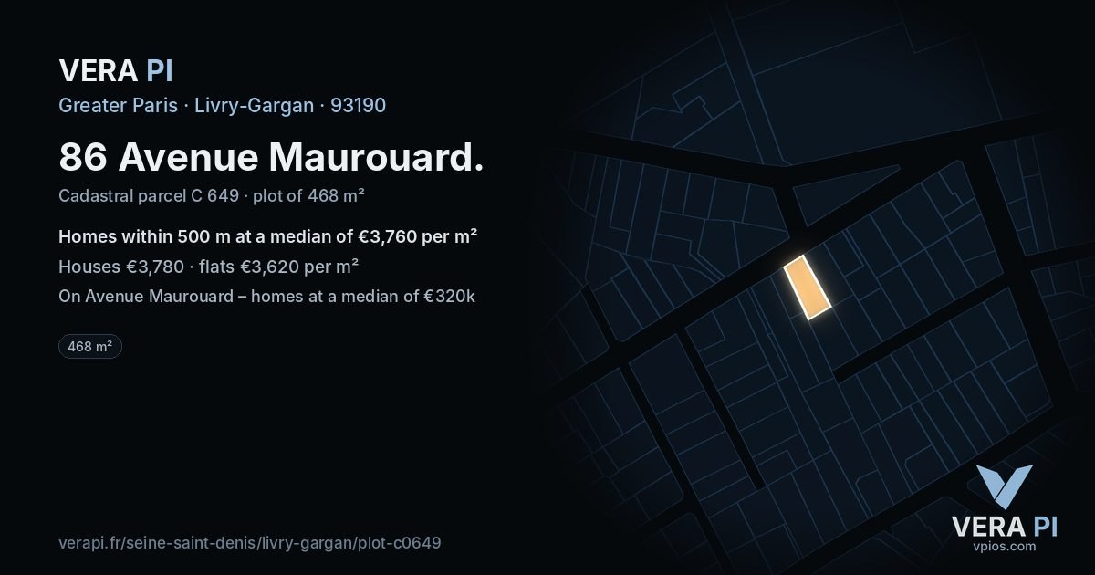 86 Avenue Maurouard, Livry-Gargan at night – the plot lit, the parcels around coloured by the prices near them