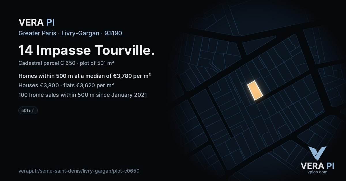14 Impasse Tourville, Livry-Gargan at night – the plot lit, the parcels around coloured by the prices near them