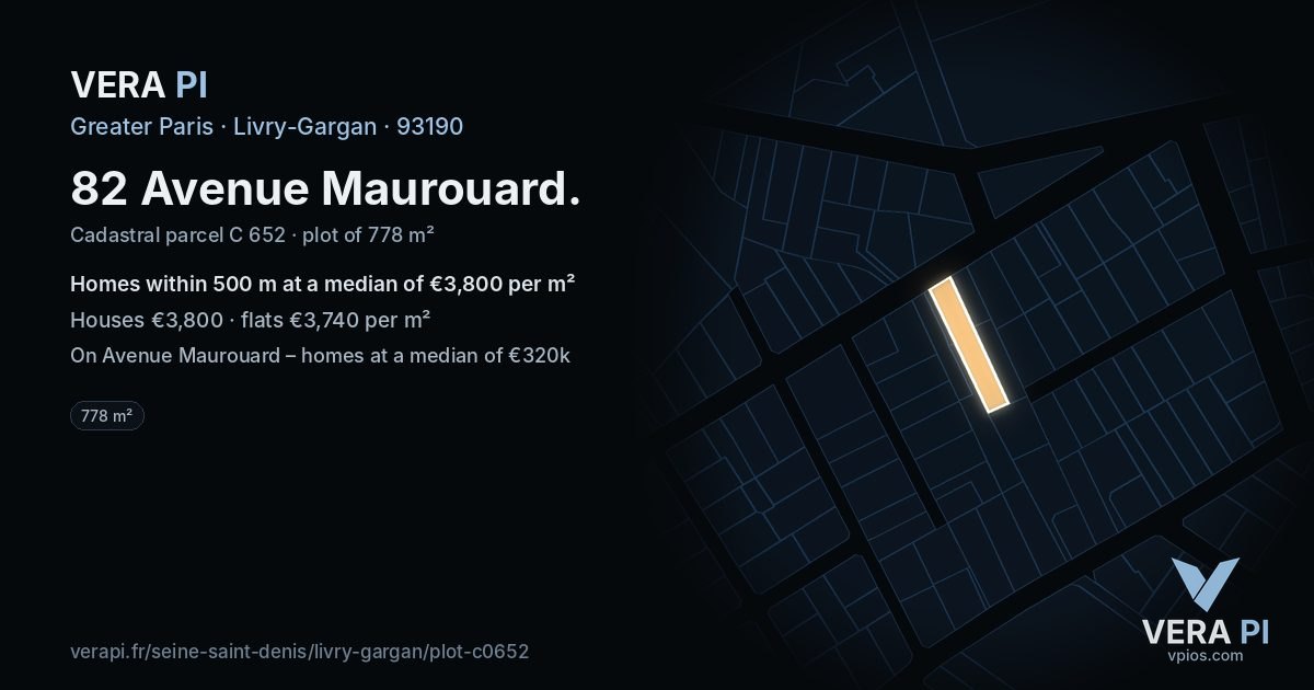 82 Avenue Maurouard, Livry-Gargan at night – the plot lit, the parcels around coloured by the prices near them