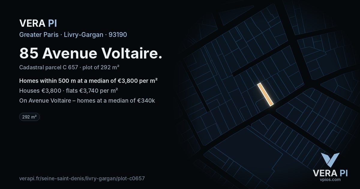 85 Avenue Voltaire, Livry-Gargan at night – the plot lit, the parcels around coloured by the prices near them