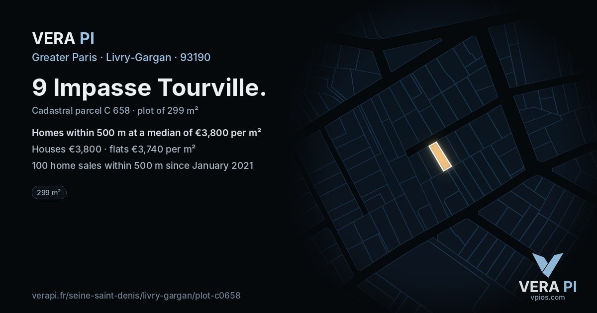 9 Impasse Tourville, Livry-Gargan at night – the plot lit, the parcels around coloured by the prices near them