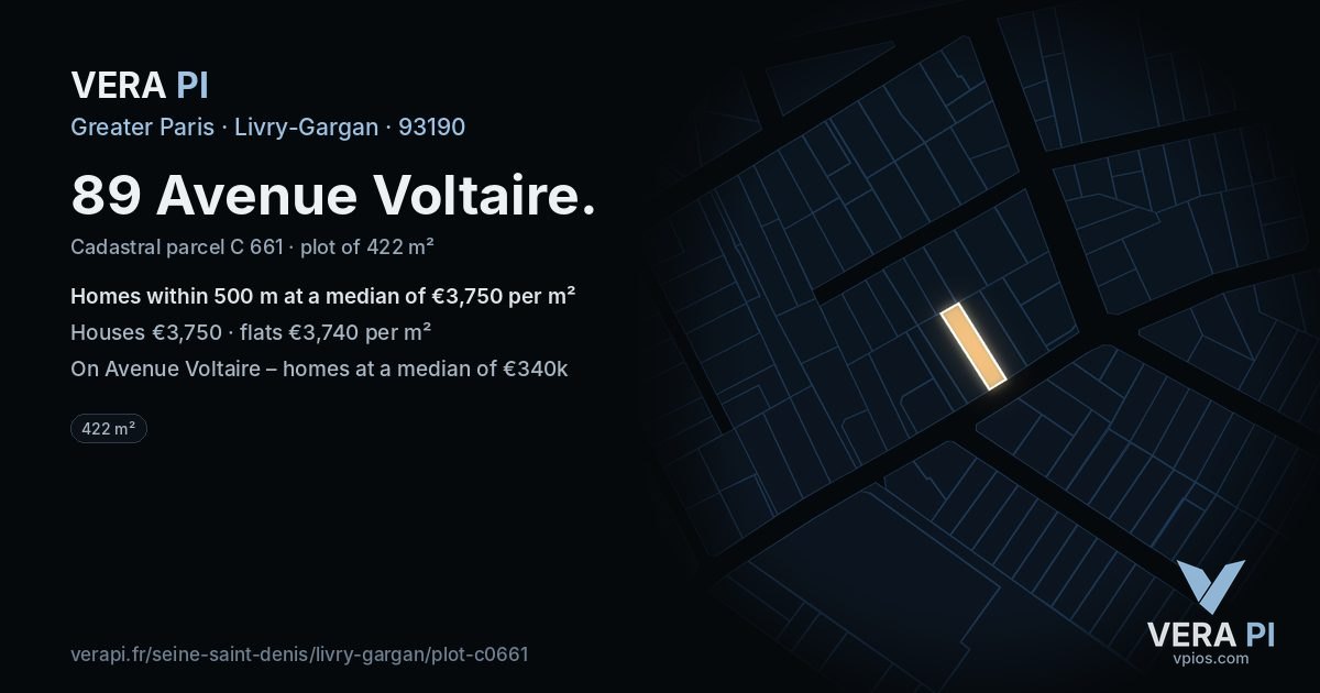 89 Avenue Voltaire, Livry-Gargan at night – the plot lit, the parcels around coloured by the prices near them
