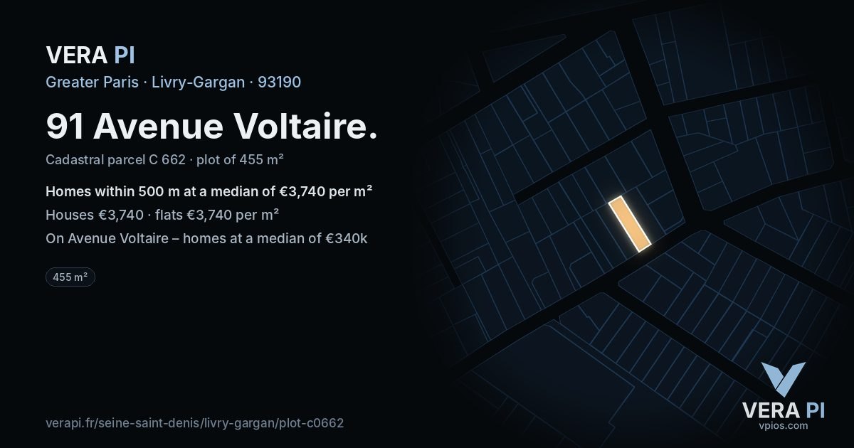91 Avenue Voltaire, Livry-Gargan at night – the plot lit, the parcels around coloured by the prices near them