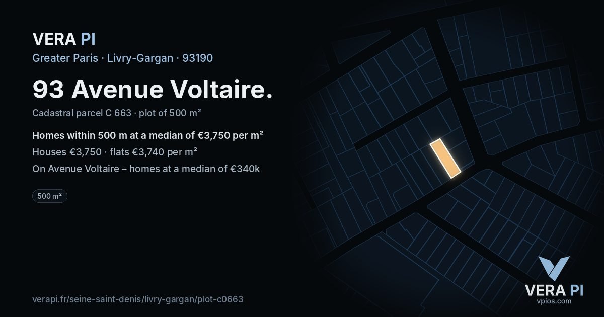 93 Avenue Voltaire, Livry-Gargan at night – the plot lit, the parcels around coloured by the prices near them