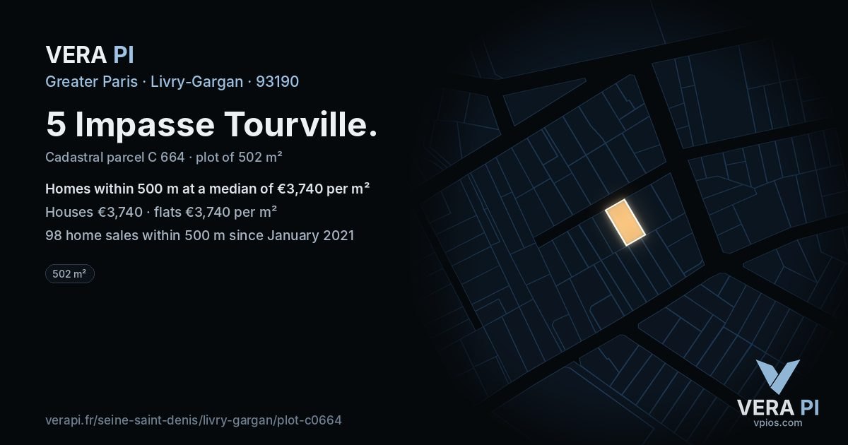 5 Impasse Tourville, Livry-Gargan at night – the plot lit, the parcels around coloured by the prices near them