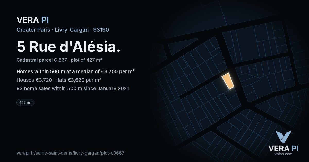 5 Rue d'Alésia, Livry-Gargan at night – the plot lit, the parcels around coloured by the prices near them