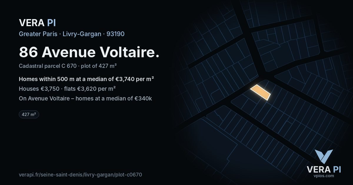 86 Avenue Voltaire, Livry-Gargan at night – the plot lit, the parcels around coloured by the prices near them