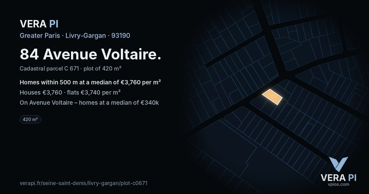 84 Avenue Voltaire, Livry-Gargan at night – the plot lit, the parcels around coloured by the prices near them